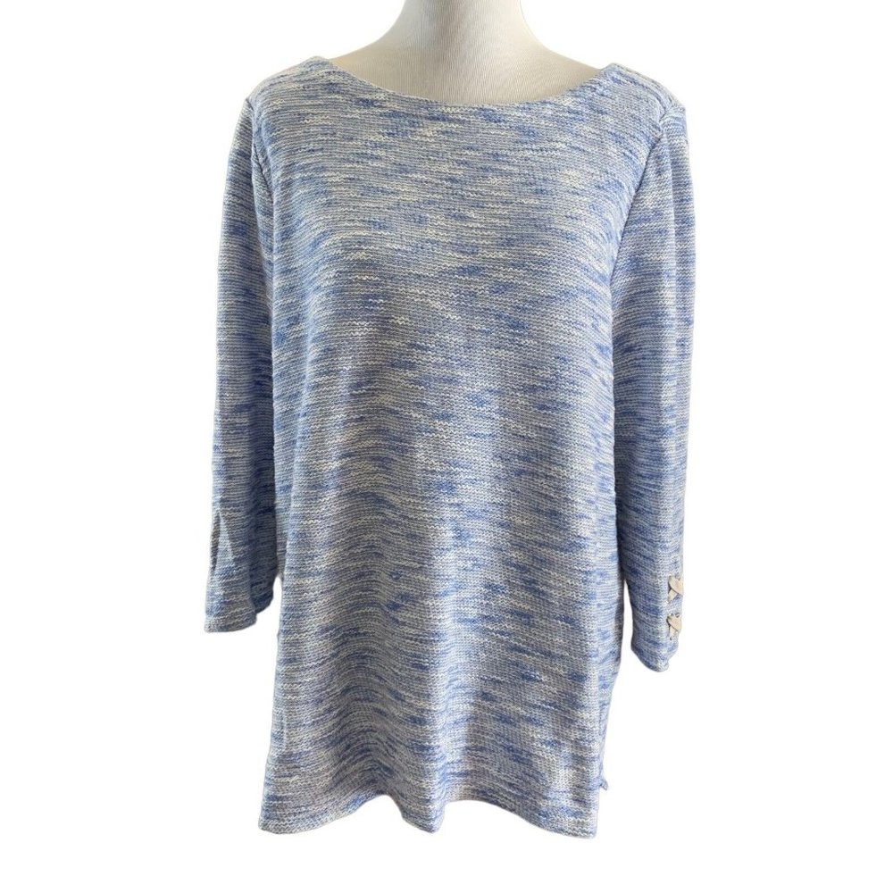 Talbots Blue White XL Stretch Textured Knit Top Sleeve Accents Sweater Metallic